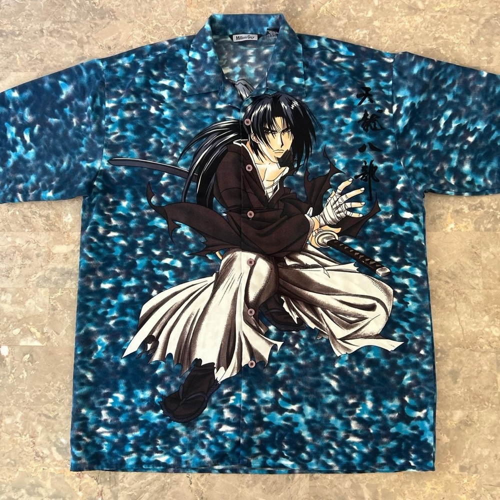 Vintage 90s Million Guy Anime Samurai Button Shirt Blue 16.5 XL